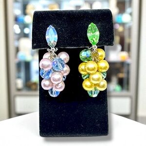 VTG Hollywood Glam Rhinestone Dangle Earrings Clip On Pearl Crystal Cluster